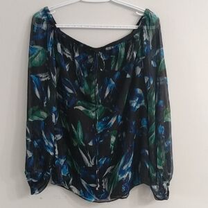 White House Black Market Black and Green Floral Blouse